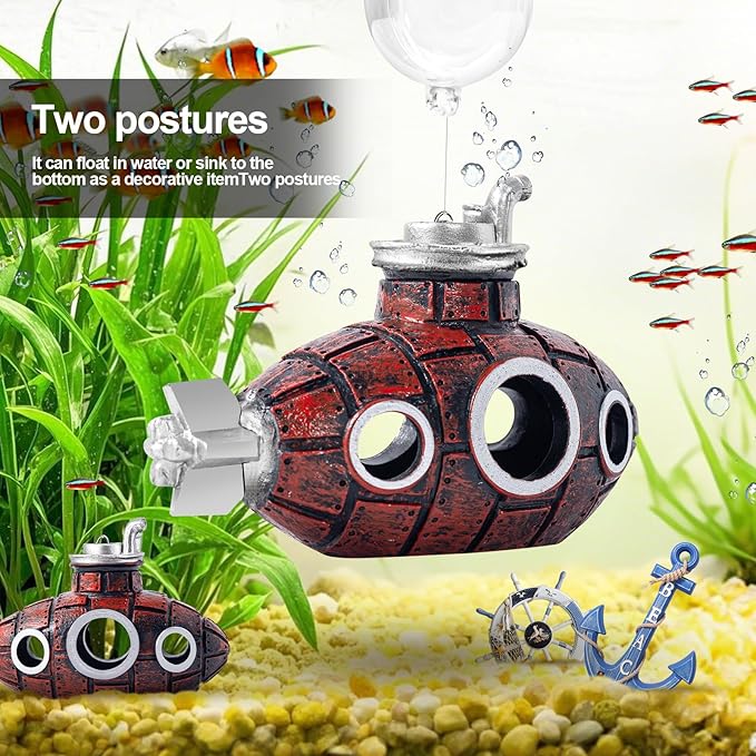 CousDUoBe New Upgrade Floating Fish Tank Decoration, Cute Retro Submarine Set and Floating Diver,Three Float Balls, Aquarium Decorations Resinous Betta Fish Tank Accessories