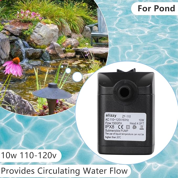 alizzy 150 GPH (570L/H) 10w Durable Small Submersible Water Pump with Tubing for Fountain, Aquarium, Fish Tank, Hydroponics, Pond