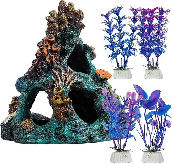 Uniclife Aquarium Decor, Fish Tank Decorations, Realistic Resin Coral Reef Rock Ornament & Plants Set for Fish Tank Decor, Colorful Aquarium Cave Decorations for Freshwater & Saltwater Tanks