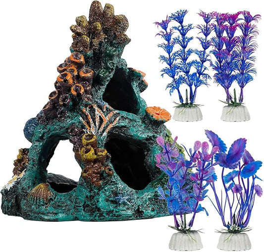 Uniclife Aquarium Decor, Fish Tank Decorations, Realistic Resin Coral Reef Rock Ornament & Plants Set for Fish Tank Decor, Colorful Aquarium Cave Decorations for Freshwater & Saltwater Tanks