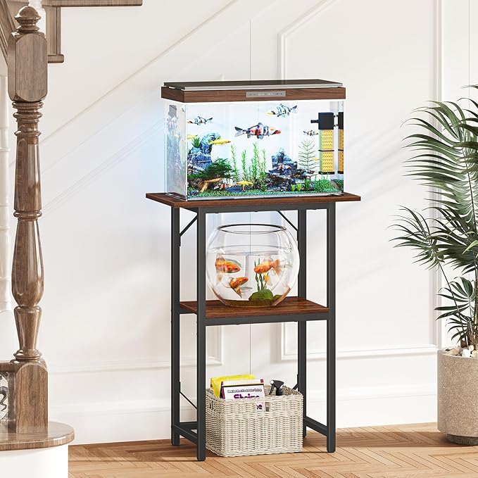 Snughome 10-20 Gallon Fish Tank Stand, Aquarium Stand 2-Tier Storage Shelves, Heavy Duty Terrarium Stand for Home Office Fish Tank Shelf, 24" L x 11.81" W x 30.71" H, Rustic Brown