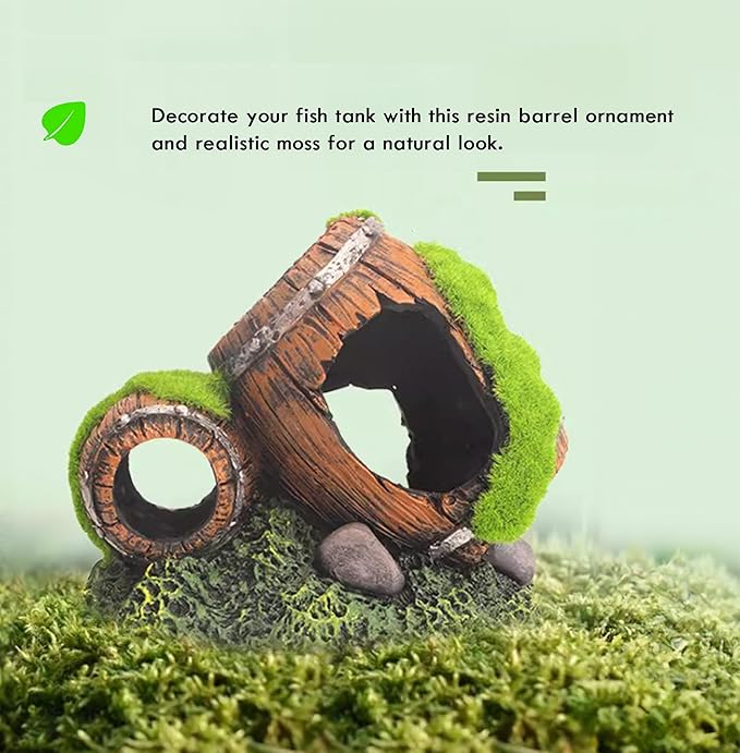Moss-Covered Twin Broken Barrels Aquarium Decor – Resin Fish Tank Hideout with Artificial Moss for Betta, Shrimp & Small Fish