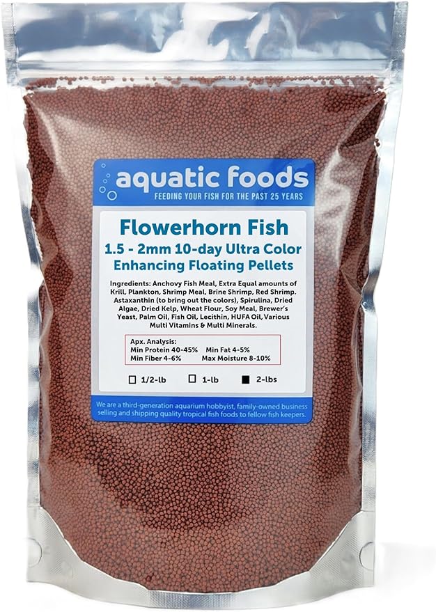 Flowerhorn Fish Ultra Red Color Enhancing 1.5mm-2mm Floating Pellets. Color Enhancing in 10-Days for Baby, Juvenile and Adult Flowerhorn…2-lbs Bag