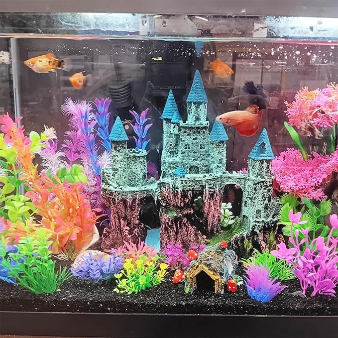 Aquarium Castle Decor, Resin Castle for Fish Tank with Randomly Color Plants Decorations Accessories for Freshwater and Saltwater Fish Tanks
