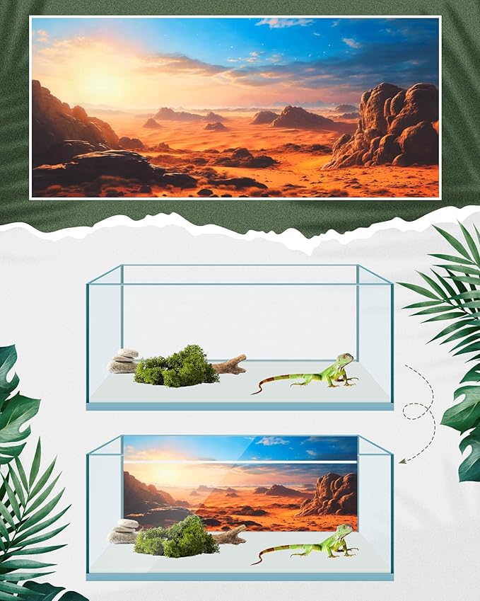 Breling 4 Pcs 48 x 18 Inch Reptile Habitat Background with Nano Glue Gobi Sun Cactus Stone and Green Tree Fern Stream Terrarium Background Polyester Durable Aquarium Accessories