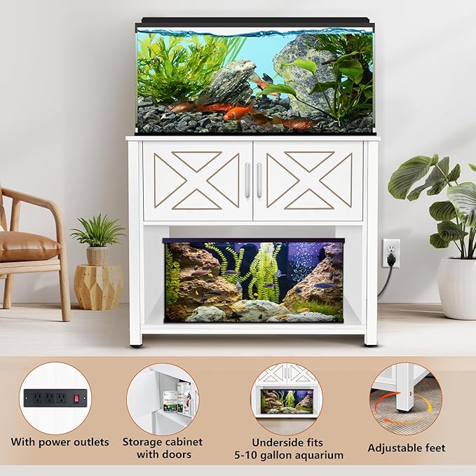 BEURUKU 40 Gallon Tank Stand with Cabinet and Power Outlets, Heavy Duty Metal Aquarium Stand for 40-50 Gallon Breeder Tank, Turtle Tank, Double Terrarium Stand, 660LBS Capacity, White