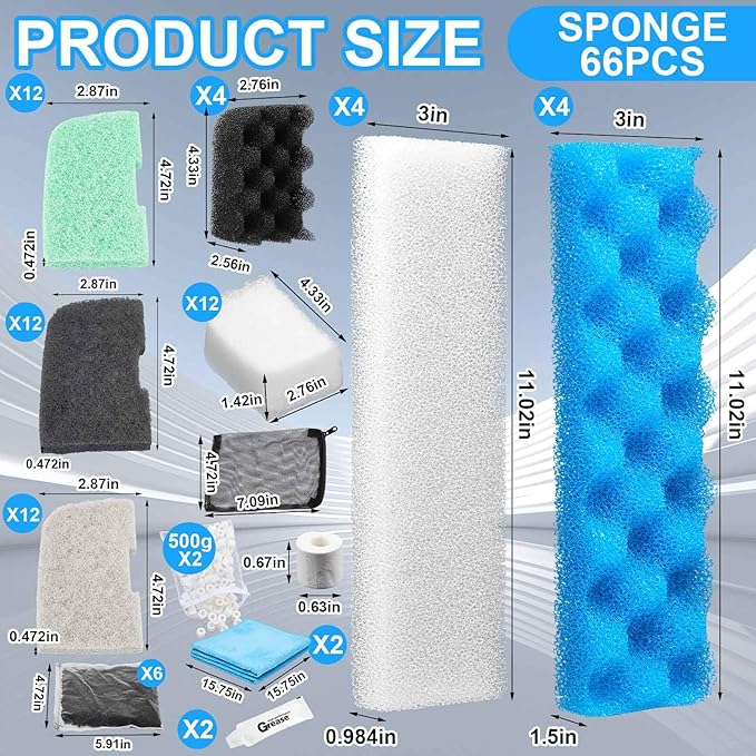 Threlaco 74 Pcs Canister Filter Media Kit Compatible with Fluval 406/407 Filter, Including Foam Pads, Water Polishing Pad, Activated Carbon, Nitrite/Phosphate/Ammonia Remover, Mesh Bag, 2 Ceramic Ring