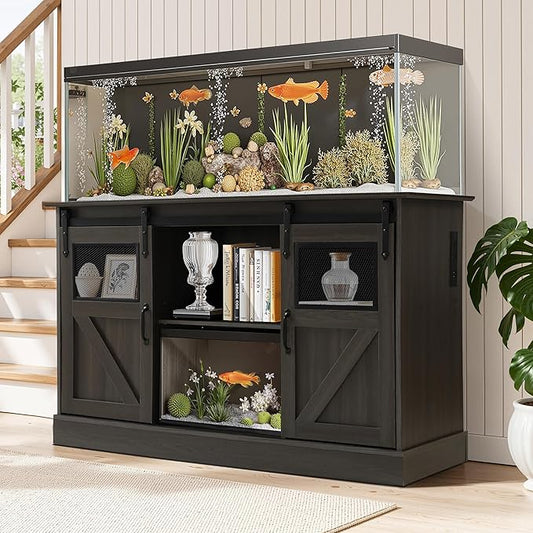 MAGIC UNION 55-75 Gallon Large Fish Tank Stand with Power Outlet, Heavy Duty Aquarium Stand with Sliding Barn Doors, Turtle Reptile Terrarium Stand with Cabinet for Accessories Storage, 1300LBS (Gray)