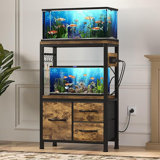 Heybly 5-10 Gallon Fish Tank Stand, Aquarium Stand with Drawer, Power Outlet, Heavy Duty Metal Frame, for Fish Tank, Turtle & Reptile Terrarium, 20.5" × 10.2" Top, 200lbs, Rustic Brown HAS002SSR