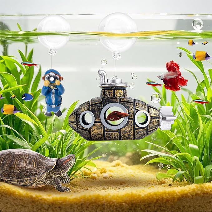 CousDUoBe New Upgrade Floating Fish Tank Decoration, Cute Retro Submarine Set and Floating Diver,Three Float Balls, Aquarium Decorations Resinous Betta Fish Tank Accessories