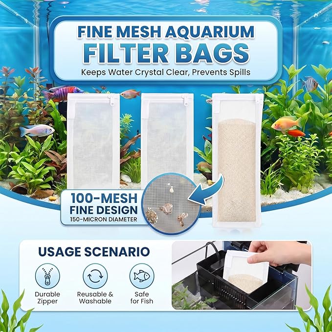 Geiserailie 4 Pcs Aquarium Filter Media Bags 150 Micrometer Fine Filter Bags Mesh Reusable with Zipper for Activated Carbon Resins (3.1 x 7.9 Inch)