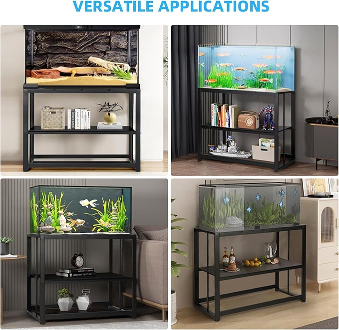 VOWNER 55-75 Gallon Fish Tank Stand - Metal Aquarium Stand, 48.4" x 14.9" x 29.5" Heavy Duty Reptile Tank Stand, Adjustable 2-Tier Fish Tank Rack Shelf for Home Office, Tank not Included, Black