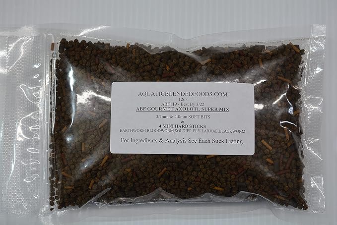Gourmet Axolotl Soft Food Pellet Mix 3.2mm & 4.0mm & MINI BLOODWORM Sticks - A7 (7oz)