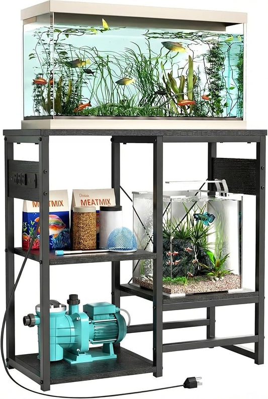 GRLEAF 5-10 Gallon Fish Tank Stand with Power Outlets, 4 Tier Metal Aquarium Stand with Wood Storage Shelves, 20.3" L x 10.6" W x 30.3" H Turtle Reptile Fish Tank Table Aquarium Table - Black