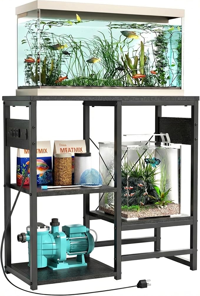 GRLEAF 20-30 Gallon Fish Tank Stand with Power Outlets, 4 Tier Metal Aquarium Stand with Wood Storage Shelves, 30.7" L x 13.8" W x 30.3" H Turtle Reptile Fish Tank Table Aquarium Table - Black