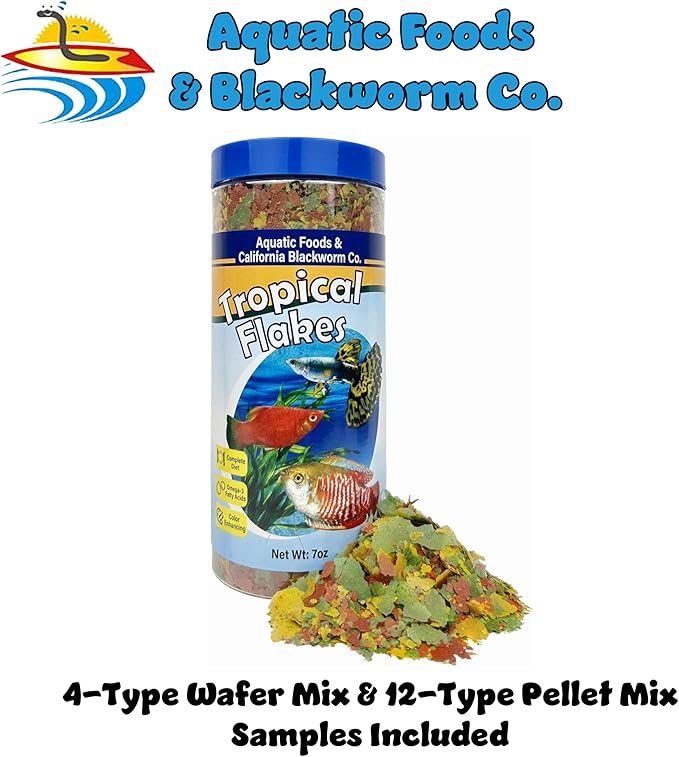 Premium Tropical Fish Flakes, for Angel Fish, Guppies, Live Bearers, Loaches, Gouramis, Cichlids, All Tropical Fish. 12-Type pellets and 4-Type Wafers Included..7.0oz Canister