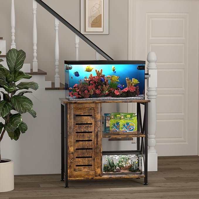Herture 20-29 Gallon Fish Tank Stand, Aquarium Stand with Cabinet Accessories Storage, Heavy Duty Metal Frame, 31.49" L*15.74" W Tabletop, 330LBS Capacity, Rustic Brown PG07YGN