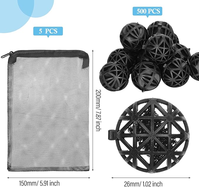 CHENGU 500 Pieces Bio Filter Balls Black Bio Balls for Aquarium Pond Filters Bulk 1.02 Inch Internal Bioball Media with 5 Pieces Filter Media Mesh Bags with Zipper for Aquarium Fish Tank Pond