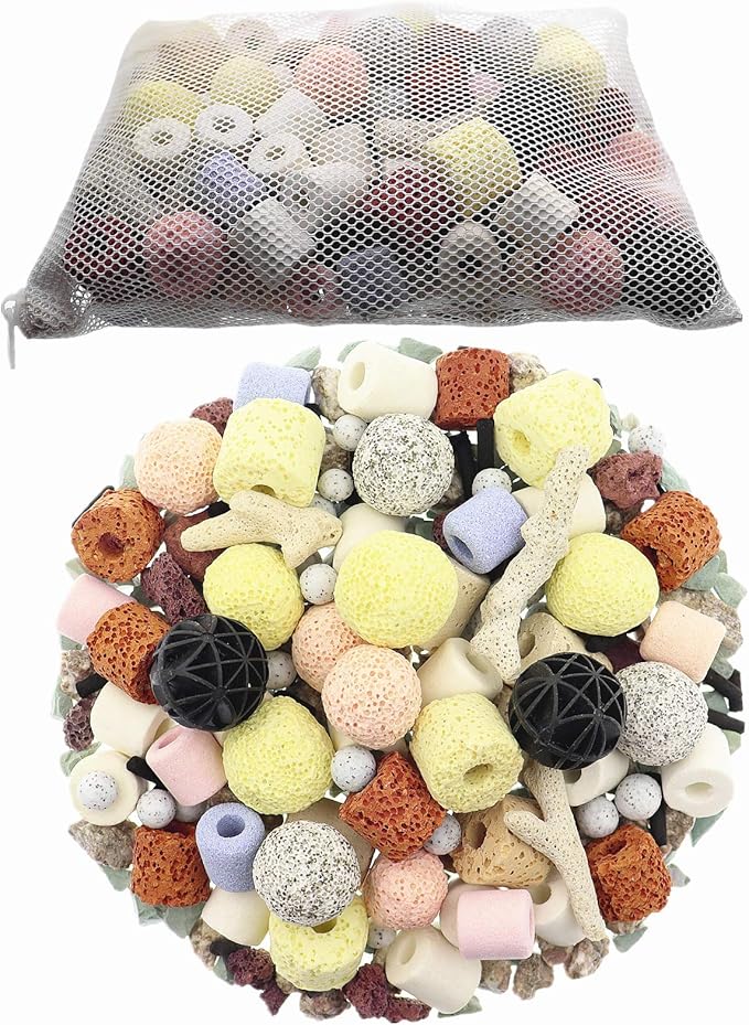 Aquarium Filter Media 15-in-1 Mineral Balls & Ceramic Rings - 1000g with Zippered Mesh Bag for Fish Tank/Pond Filters