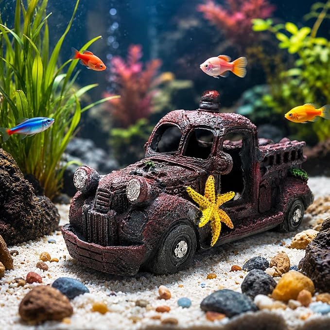 LOGOFUN Aquarium Wreck Car Decoration Simulation Wreck Car Model Resin Wrecks Cars for Fish Tank Aquarium Micro Landscape Decoration