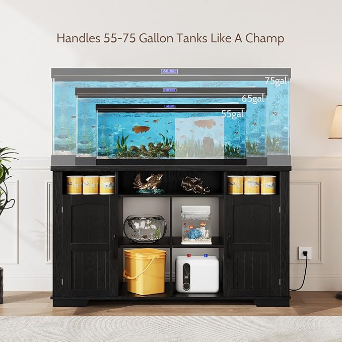 55-75 Gallon Fish Tank Stand with Power Outlet, Farmhouse 75 Gallon Aquarium Stand with Cabinet for Fish Tank Accessories Storage, Shelf, for Turtle Tank, Reptile Terrarium, 1000 LBS (Black-1)
