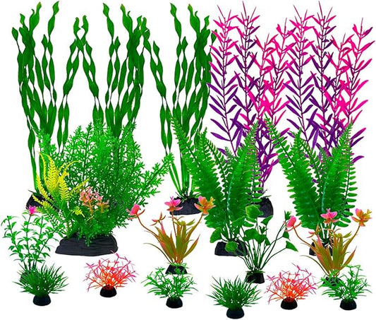 Aquarium Plants,Artificial Fish Tank Decorations Decor Plastic Plants Set 18 Pcs Landscaping Decorations Fish Tank Accessories,Small to Large,Tc1804