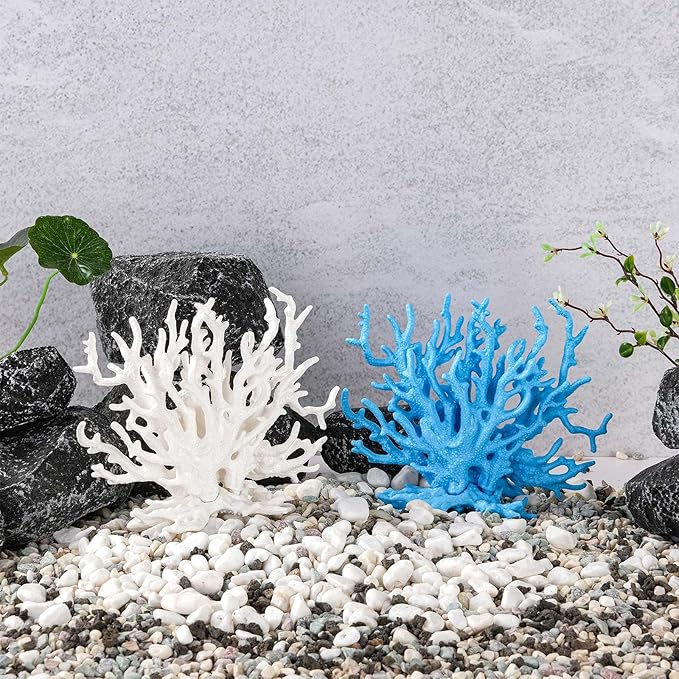 2 Pack Artificial Coral Reef Decor for Aquarium Blue and White Fish Tank Decorations for Landscaping Cute Plastic Ornaments for Terrarium