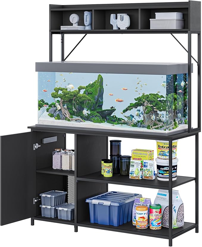 BELLEZE 55-90 Gallon Aquarium Stand with LED Lights, Fluted Cabinet For Fish Tank Accessories Storage, Heavy Duty Metal & Power Outlets, 1200 LBS Capacity, Turtle Tank Reptile Terrarium, Black Ebony