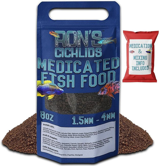 RON'S CICHLIDS Medicated Adult Blend African Cichlid Fish Food, Premium Fish Food Pellets with Protein, Veggies for Healthier, Brighter & Bigger Tropical Fish & Cleaner Tanks, Adult Blend, 8 Ounces