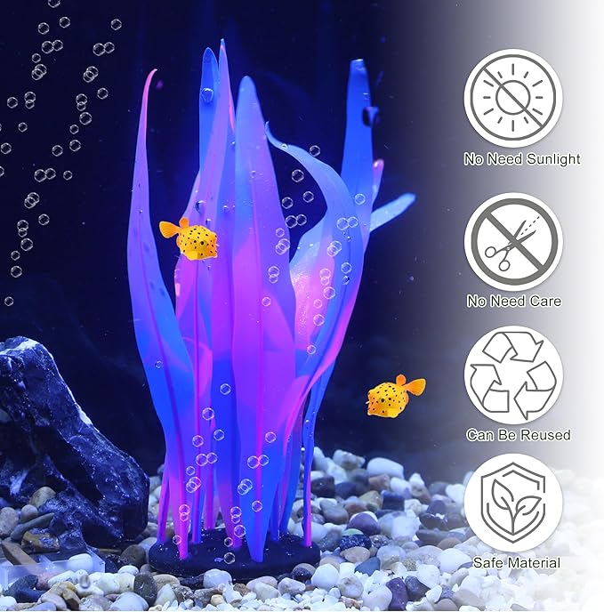 Aquarium Glowing Kelp Plant, Soft Silicone, Fluorescence Coral Decor, Blue, 2pcs