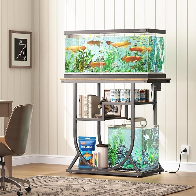HavenlyYouth 20-29 Gallon Fish Tank Stand with Power Outlet, Metal U Shaped Aquarium Stand with Storage Shelves, Heavy Duty Terrarium Rack for Home Office, 31.5" L x 15.7" W x 29.4" H, Rustic Brown
