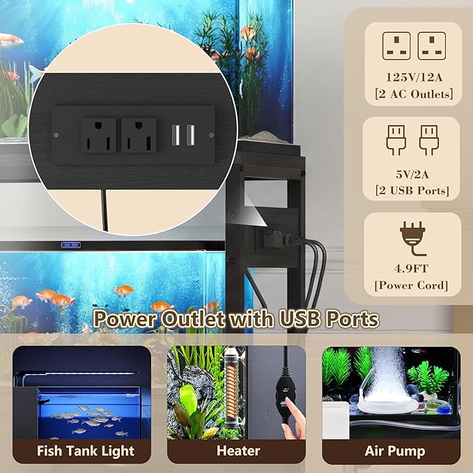 Heybly 10-20 Gallon Fish Tank Stand, Aquarium Stand with Drawer, Power Outlet, Heavy Duty Metal Frame, for Fish Tank, Turtle & Reptile Terrarium, 24.4" × 12.6" Top, 200lbs, Black HAS003SBK