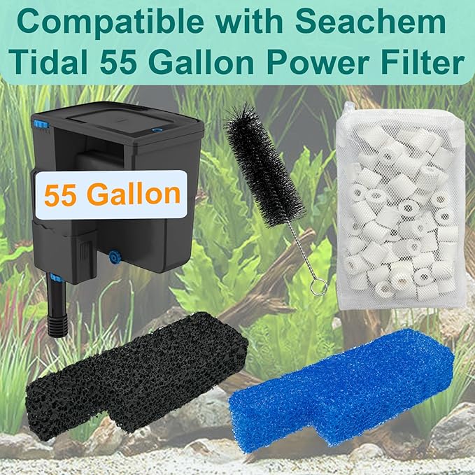 17 Set Aquarium Filter Media Replacement Kit Compatible with Seachem Tidal 55 Gallon (200 Liters) Large Aquarium Fish Tank Filter, Includes Brush, Carbon Sponge, Ceramic Rings, Blue Foam Filters