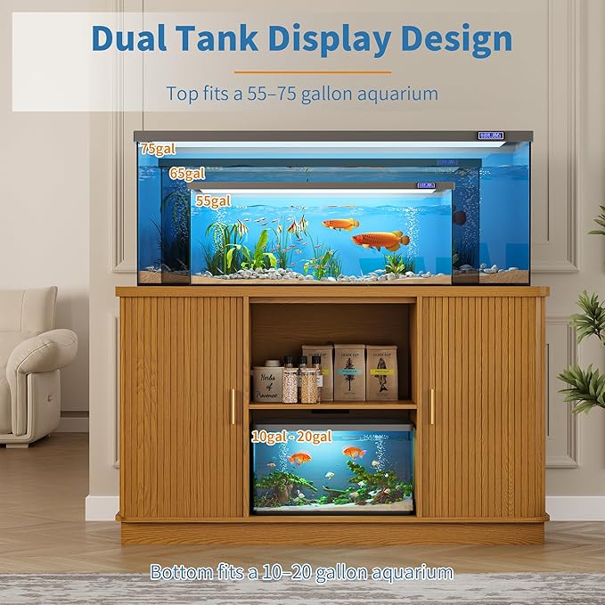 Fish Tank Stand, 75 Gallon Tank Stand with Sliding Cabinet Door, Heavy Duty Aquarium Stand with Power Outlet for Turtle Tank, Reptile Terrarium, 1000LBS Capacity (Yellow Walnut)