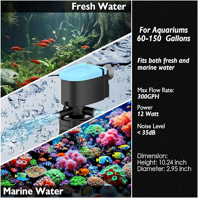 AquaMiracle Submersible Aquarium Filter 3-Stage in-Tank Filter with Dual Water Outlet & Aeration, Water Flow Adjustable 300GPH Internal Fish Tank Filter for 60-150 Gallon Aquariums
