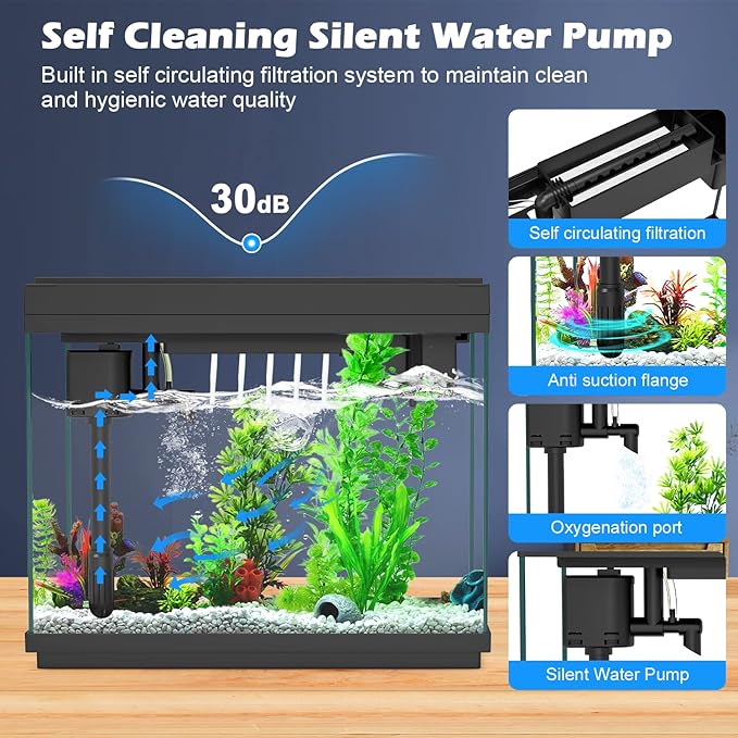 Smart Aquarium Fish Tank with Silent Water Pump, 2.4 Gallon Small Aquarium with Quick Start Kit, Temperature Display, Humidifier and RGB Lights, Perfect for Home, Office, and Decor, Black