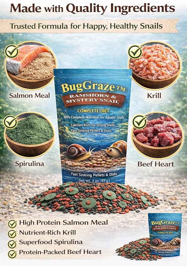 Ramshorn and Mystery Snail Complete Diet Aquarium Snail Food – Calcium-Enriched Sinking Pellets, Wafers & Granules.