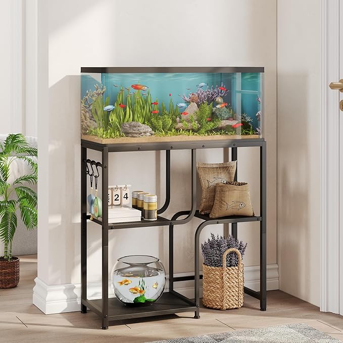 HOOBRO 20 Gallon Fish Tank Stand with Storage Shelves, Heavy Duty Aquarium Stand, Metal Frame Reptile Turtle Tank Stand, 29.9”L x 11.8”W, 220 LBS Capacity, Black BB74FT01
