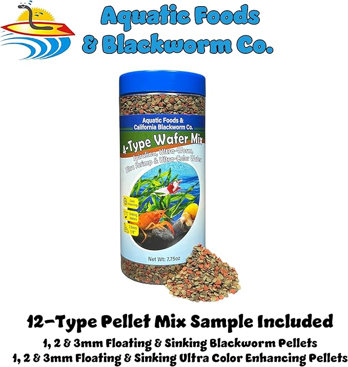 4-Type 3.5mm - 1/8" Sinking Wafer Mix of Spirulina-Algae, Ultra-Worm, Ultra-Shrimp, Color Enhancing Wafers for Shrimp, Snails, Crayfish, All Tropical Fish, 3.5mm..10oz Canister