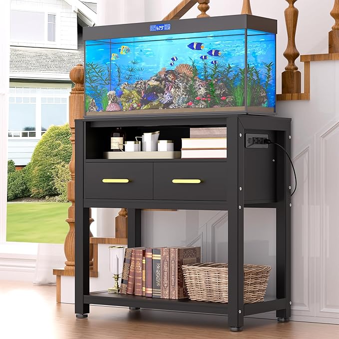 EOSVALO 20-29 Gallon Aquarium Stand with Stable Metal Frame & Power Outlet, Heavy-Duty Fish Tank Stand with Waterproof Mat, 550LBS Capacity Storage Cabinet, Black