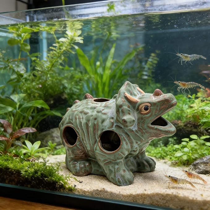 M2cbridge Aquarium Ceramic Cave Rock for Betta Shrimp Cichlid Fish Hideout Decor (Small Dinosaur 2pcs)