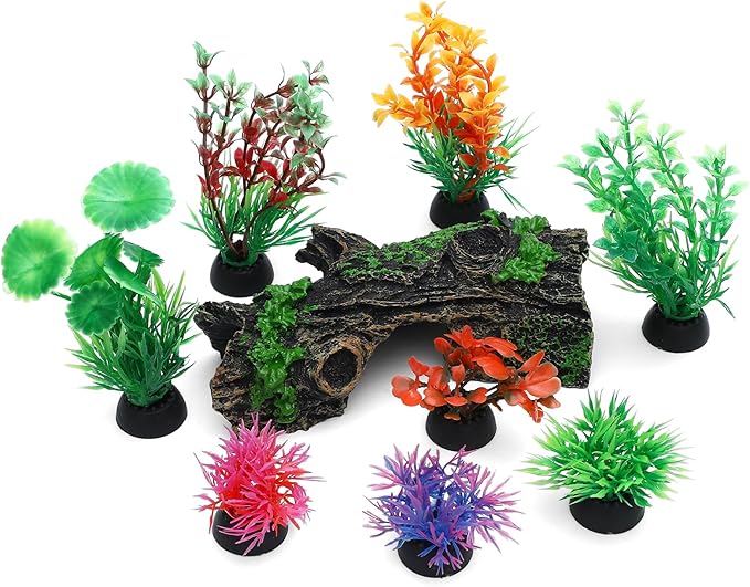 ONEST 9 Pieces Aquarium Decorations Resin Hollow Tree Trunk Ornament Set Fish Tank Artificial Plastic Plants Decorations for Fish Tank