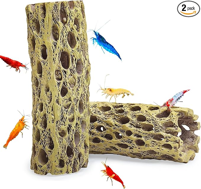 kathson Resin Cholla Wood Aquarium Shrimp Hideout Fake Fish Tank Hollow Log Hideawy Reptile Climbing Corner Branch Hermit Crab Terrarium Ornament Decoration (2 Packs)