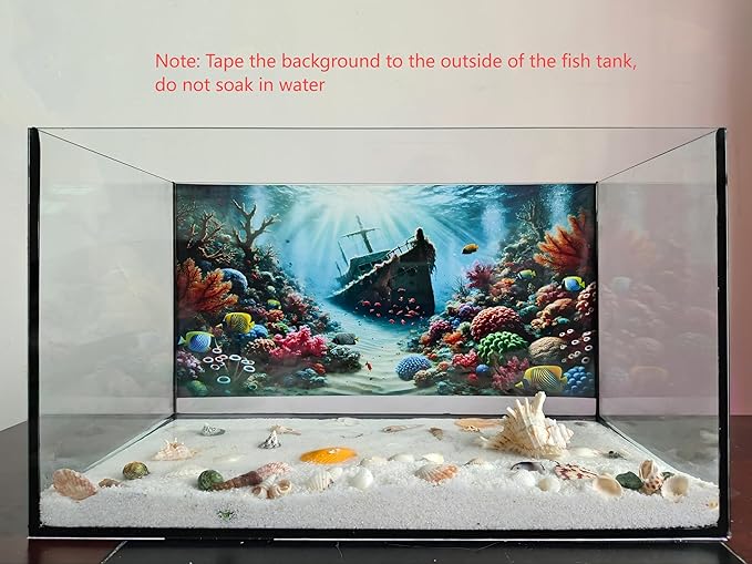 Undersea Shipwreck Aquarium Background Underwater World Coral Fish Tank Background 24x12 Inches PVC Glass Container Decoration with Tapes
