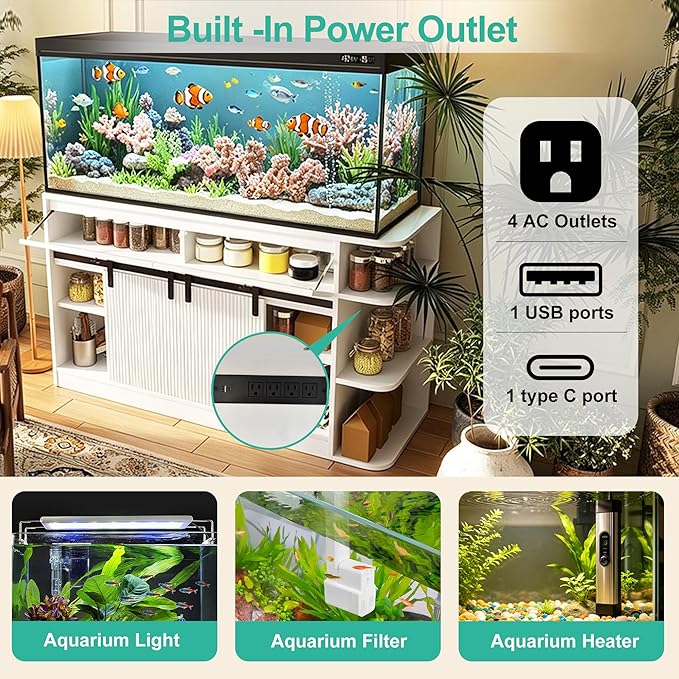 55-75 Gallon Fish Tank Stand with LED Light & Power Outlet, 55.1" Heavy Duty Aquarium Stand with Sliding Fluted Doors, Shelves and Cabinets for Turtle Tank/Reptile Terrarium, 1200LBS Capacity, White