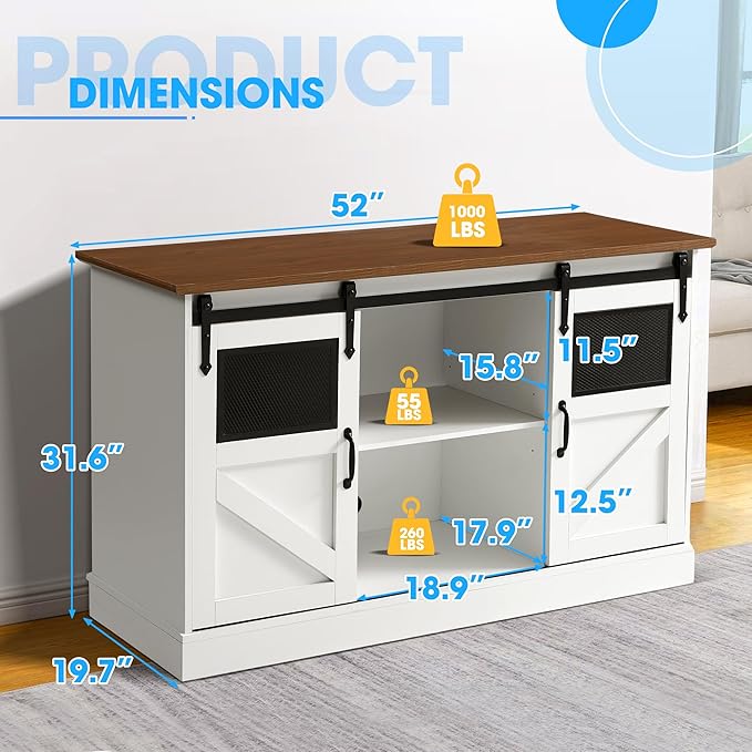 55-75 Gallon Fish Tank Stand with Sliding Barn Doors & Power Outlet, Heavy Duty Aquarium Stand with Cabinet Storage for 2 Fish Tank/Turtle Tank/Reptile Terrarium Accessories, 1300LBS (White)