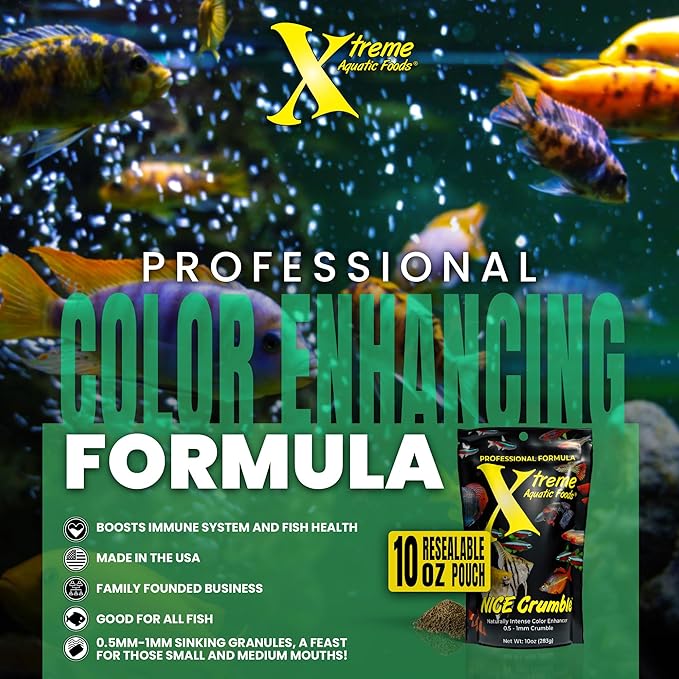 Xtreme Nice Crumbles - Color Enhancer for Small to Medium Fish - Max Protein Formula, Resealable Pouch, Ideal Supplementary Fish Food - USA Farm Grown (10oz)