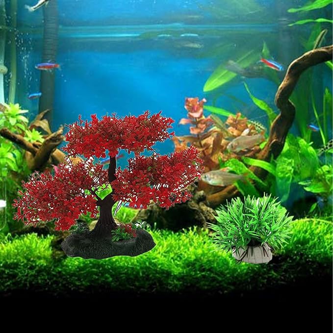 Aquarium Tree Trunk Large Plants Decorations, 5pcs Simulation Resin Cherry Blossom Tree & Aquatic Plants Aquarium Decor, Goldfish Tank Decorations Set, Fish Tank Hides Tree Decoration Kit (Red)