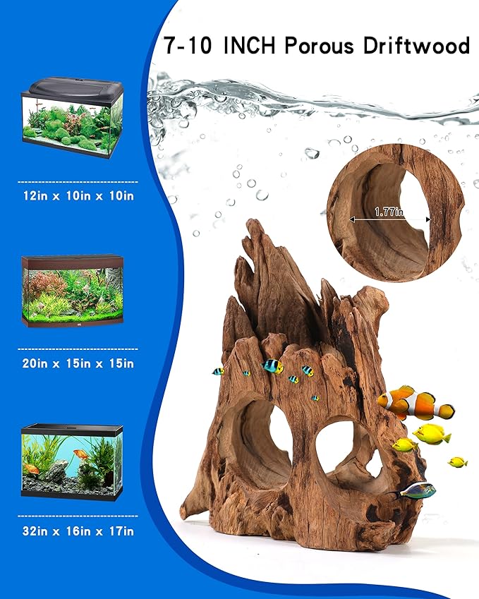 Aquarium Driftwood Cave for Betta Fish Shrimp Hideout, 7-10" Natural Porous Driftwood for Aquascaping with Low Tannins, Fish Tank Decoration Hideaway with Protein Cotton(No Need to Boil)
