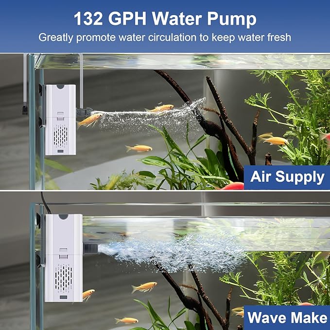 132 GPH 4-in-1 Aquarium Filter, 10-40 Gallon Fish Tank Filters Filtration and Oxygenation, Filter for Fish Tank with Biochemical Cotton, Multi-Functional Turtle Tank Filter(7 W)